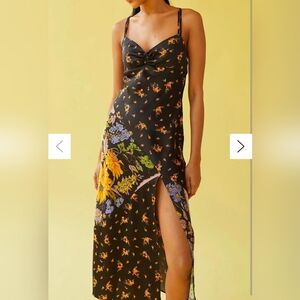 Urban Outfitters UO Samira Satin Slip Dress Floral Black Maxi XS